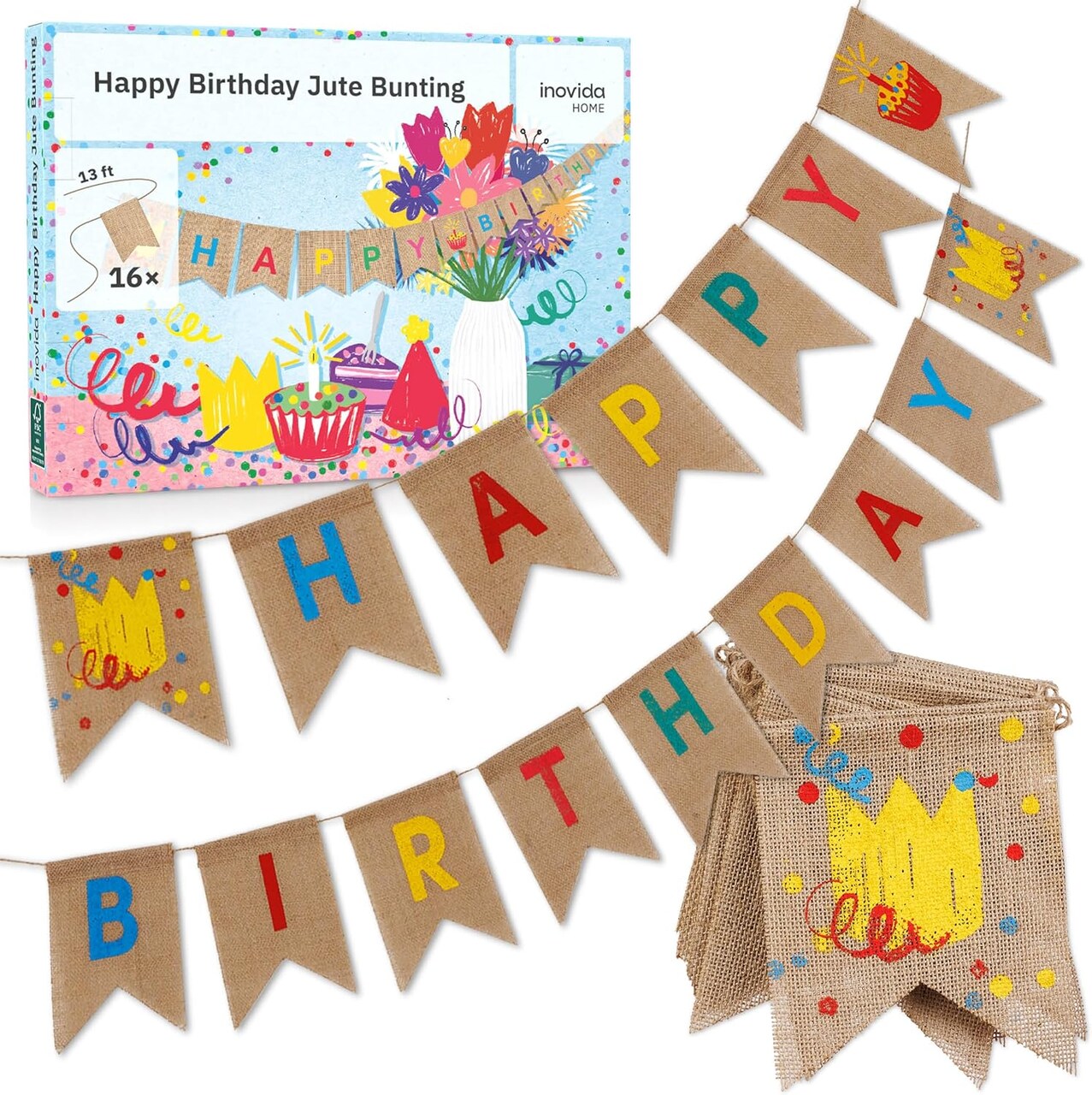 Happy Birthday Banner – 13 ft Reusable Burlap Pennant Garland – Colorful Party Bunting for Kids and Adults – Birthday Decorations